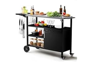 LotFun Outdoor Grill Cart with Storage and Extra Double Shelf, 38" x 18" Movable Grill Table with Wheels Hooks and Spice Rack, Patio Kitchen Island Outdoor for Home Party Outside BBQ Bar