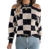 EHSUYAB 2000s Women Cold Shoulder Sweaters, Color Block Checkered Knit Sweater, Crewneck Long Sleeve Jumper Tops Fall Outfits