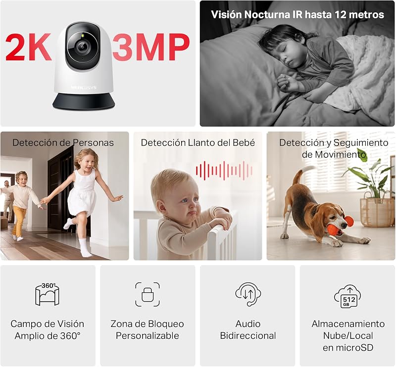 MC210 - Cámara vigilancia wifi interior 360°, 2K 3MP, Bebé