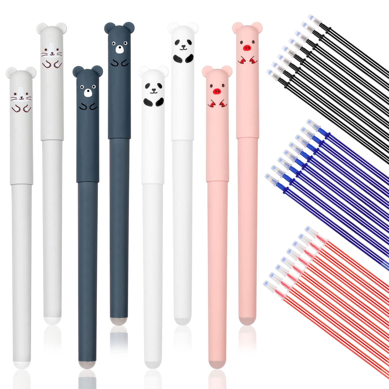 Erasable 8pcs Rub Out Refills with 24pcs 0.35mm Cartoon Rollerball Set for Students & Adults (Black, Blue, Red)