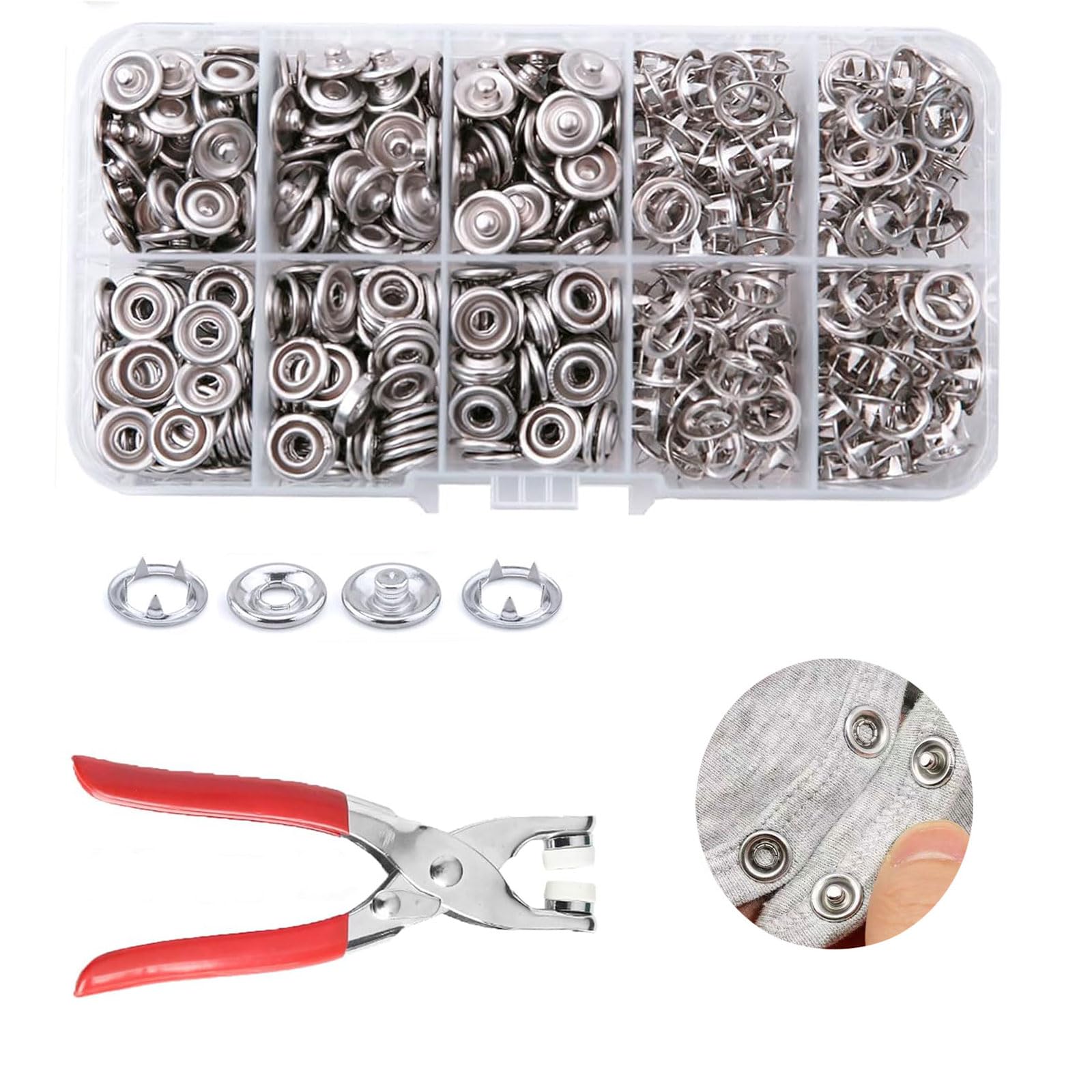 Photo 1 of 100 Sets Metal Snap Buttons Kit with Fastener Pliers Press Tool - 400 PCS 9.5mm Snap Fasteners for DIY Crafts, Clothing, Hats, Sewing, and Fabric Projects