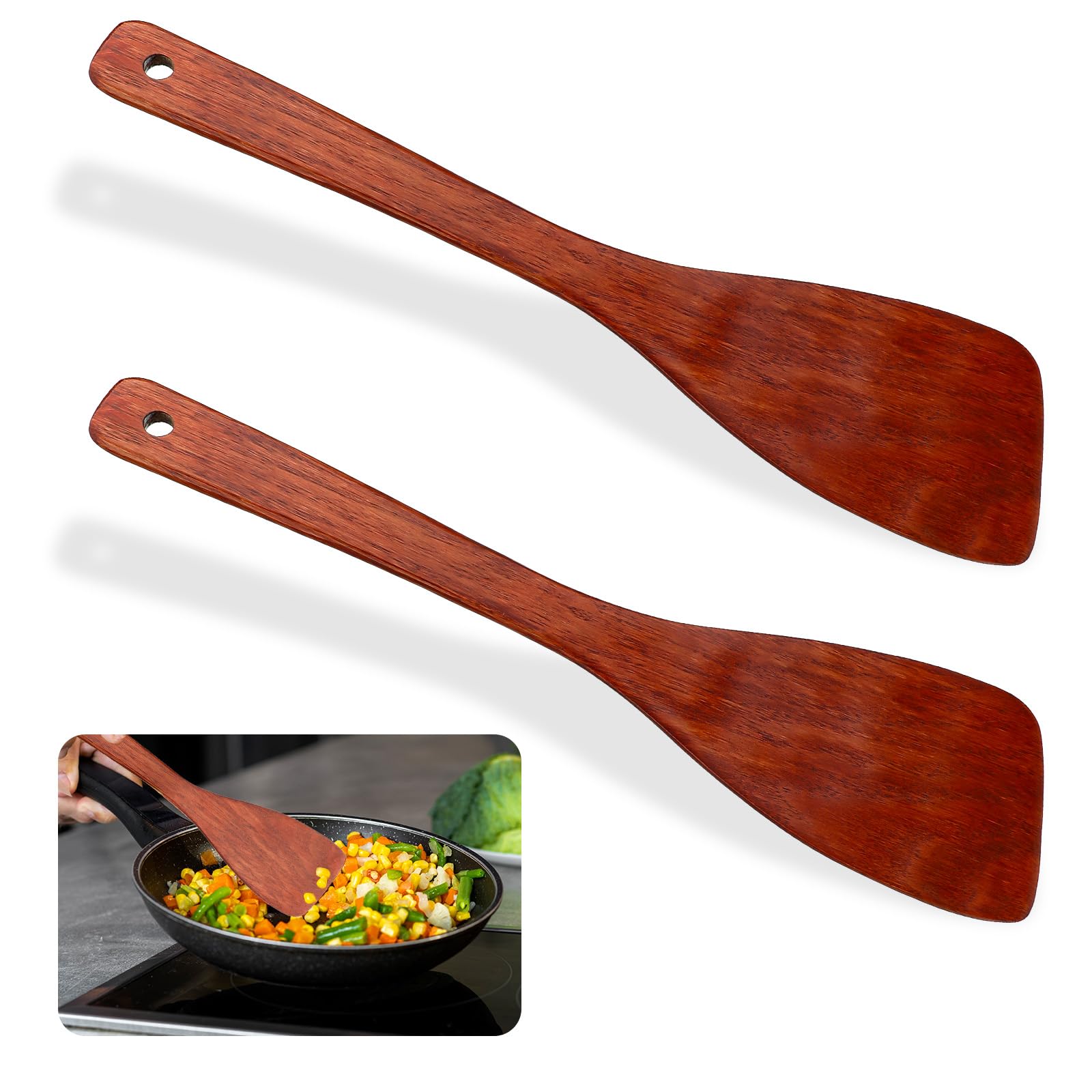 JIYIN 2 Pcs Wooden Spatula for Cooking, 12.8 Inches Flat Wooden Spatula Non Stick Wooden Cooking Utensils Long Handled Frying Kitchen Spatula Turners for Pan and Wok