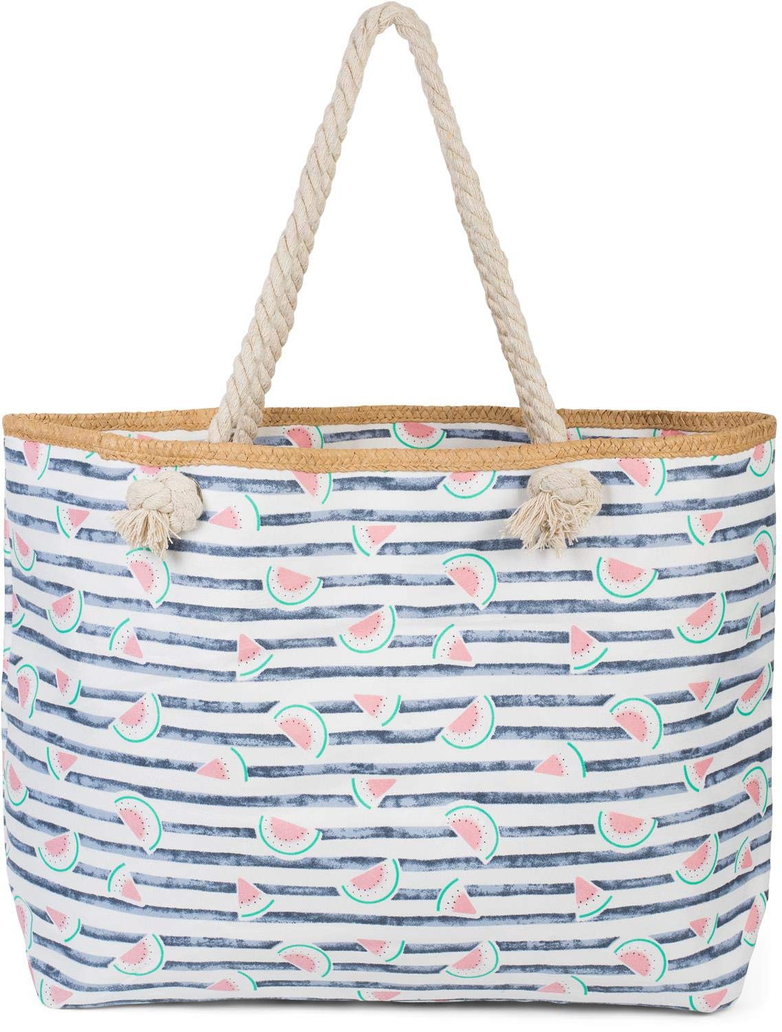 styleBREAKER women XXL beach bag with stripes and melon fruit print, zip, shoulder bag, shopping bag 02012287, color:Dark Blue-White