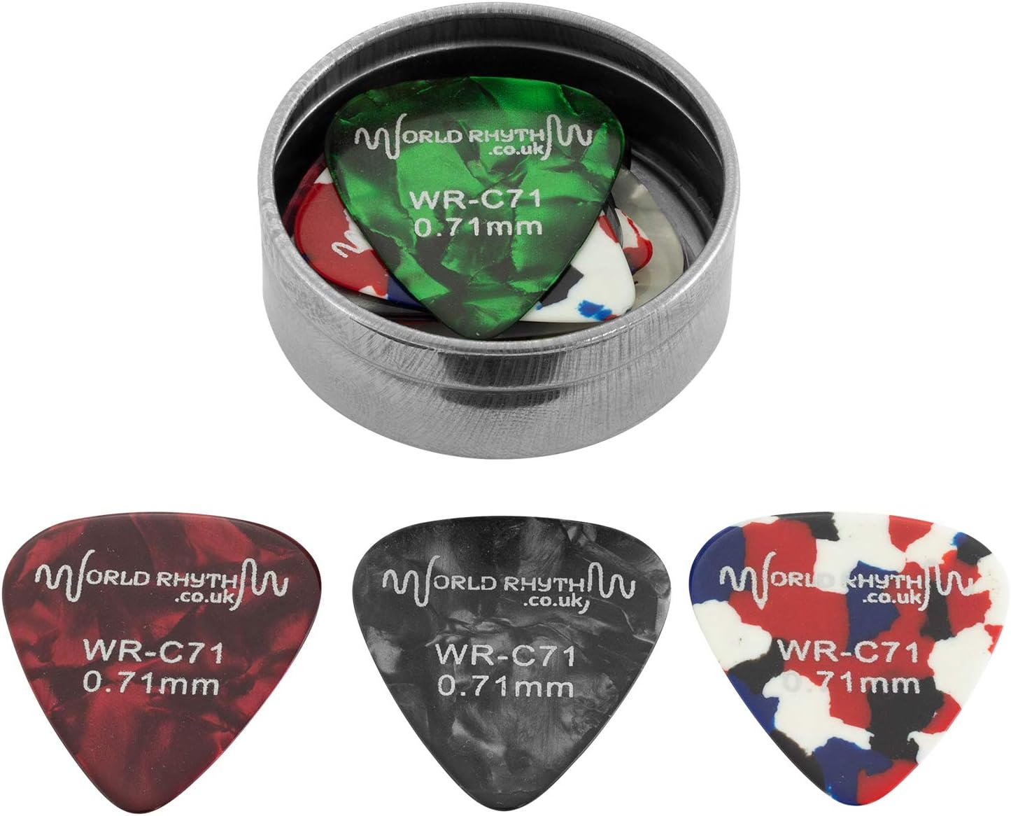 World Rhythm 0.71mm Guitar Picks - 12 Celluloid Guitar Plectrums & Storage Tin - Range of Colours/Designs - Image 5