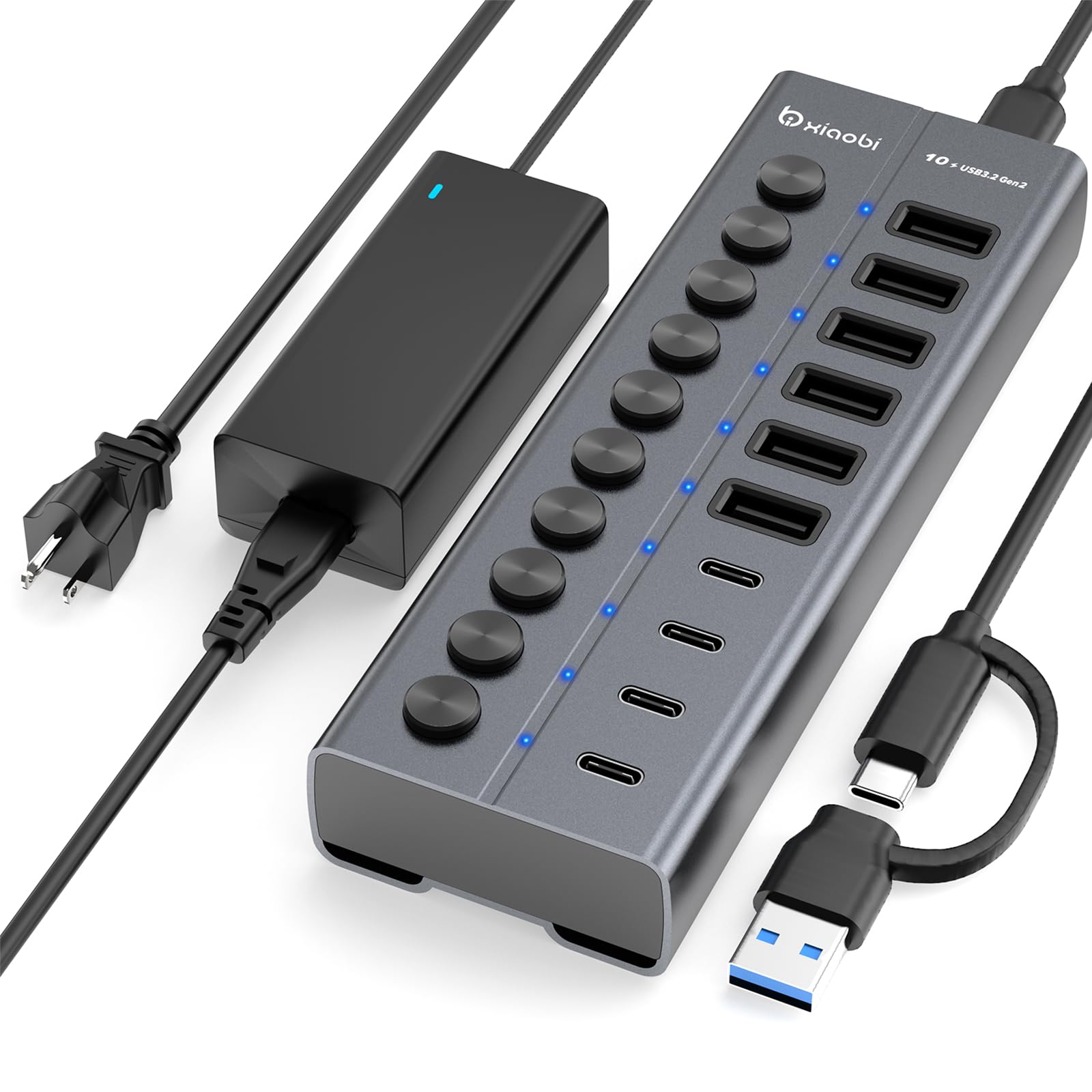 Photo 1 of Powered USB Hub, 10-Port USB C Hub with 6 USB-A 3.2, 4 USB-C 3.2 Ports, Individual Switches and 12V/5A Power Adapter, Aluminum USB Extension for MacBook, Laptop/PC and More.