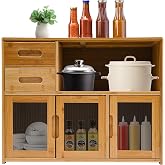 LARIDEN 2 Tiers Bamboo Countertop Cabinet, Kitchen Storage Cabinet Pantry Sideboard, Two Drawers and Acrylic Clear Doors, Use for Storage Spice Seasoning Bottles, Plates, Cups, 24.4 x 9 x 18.9in