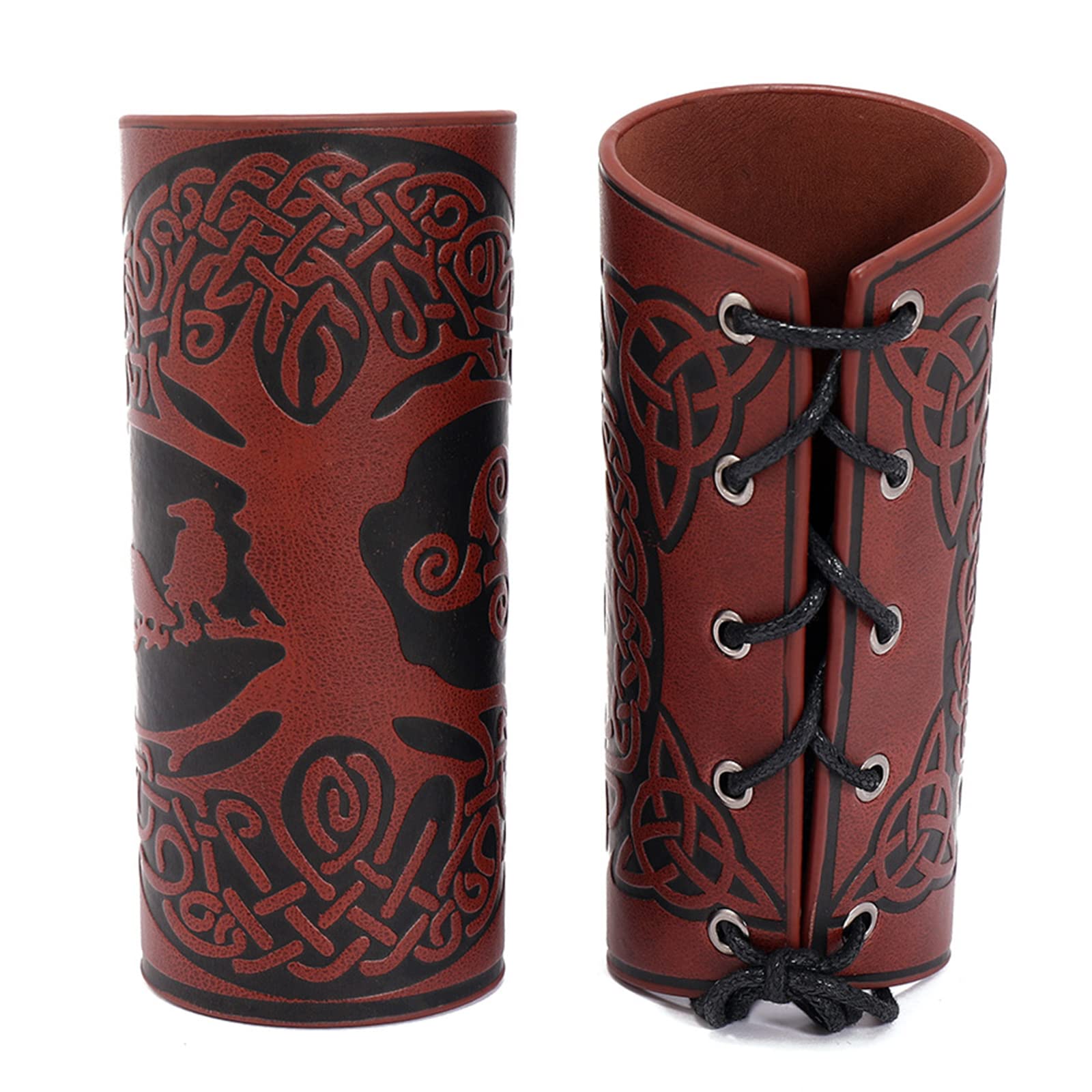 GORGECRAFT 2PCS Leather Gauntlet Wristband Tree of Life Pattern Bracers Wrist Band Guards Arm Guard Archery Buckle Bracers Unisex Leather Cuffs Armband for Men Women(Coconut Brown)