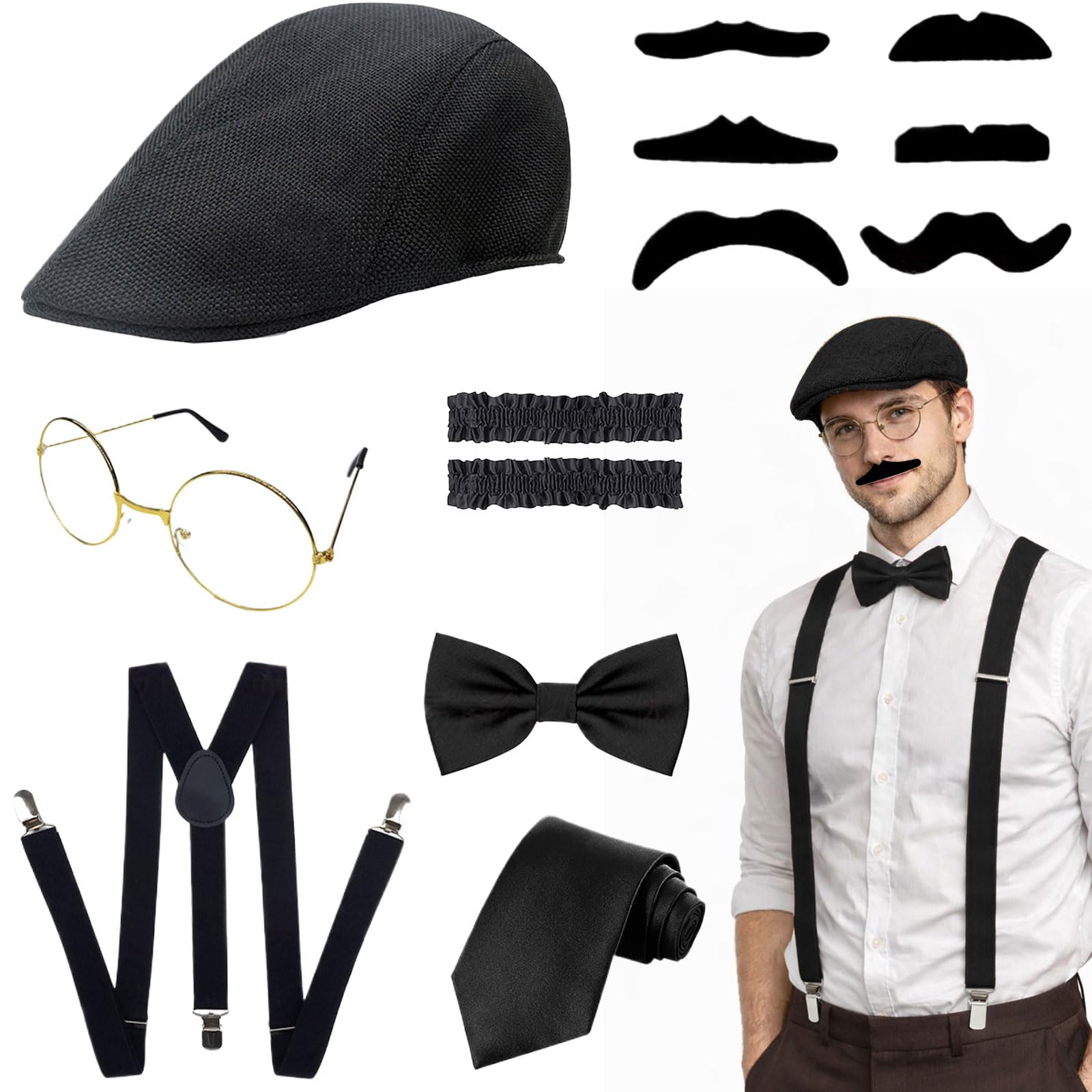 SSKHE 7 PCS Gatsby Fancy Dress Accessories Set,1920s Accessories for Men,Gangster COS PLAY costume Set for Theme Parties, Wedding Parties,Halloween (Black)