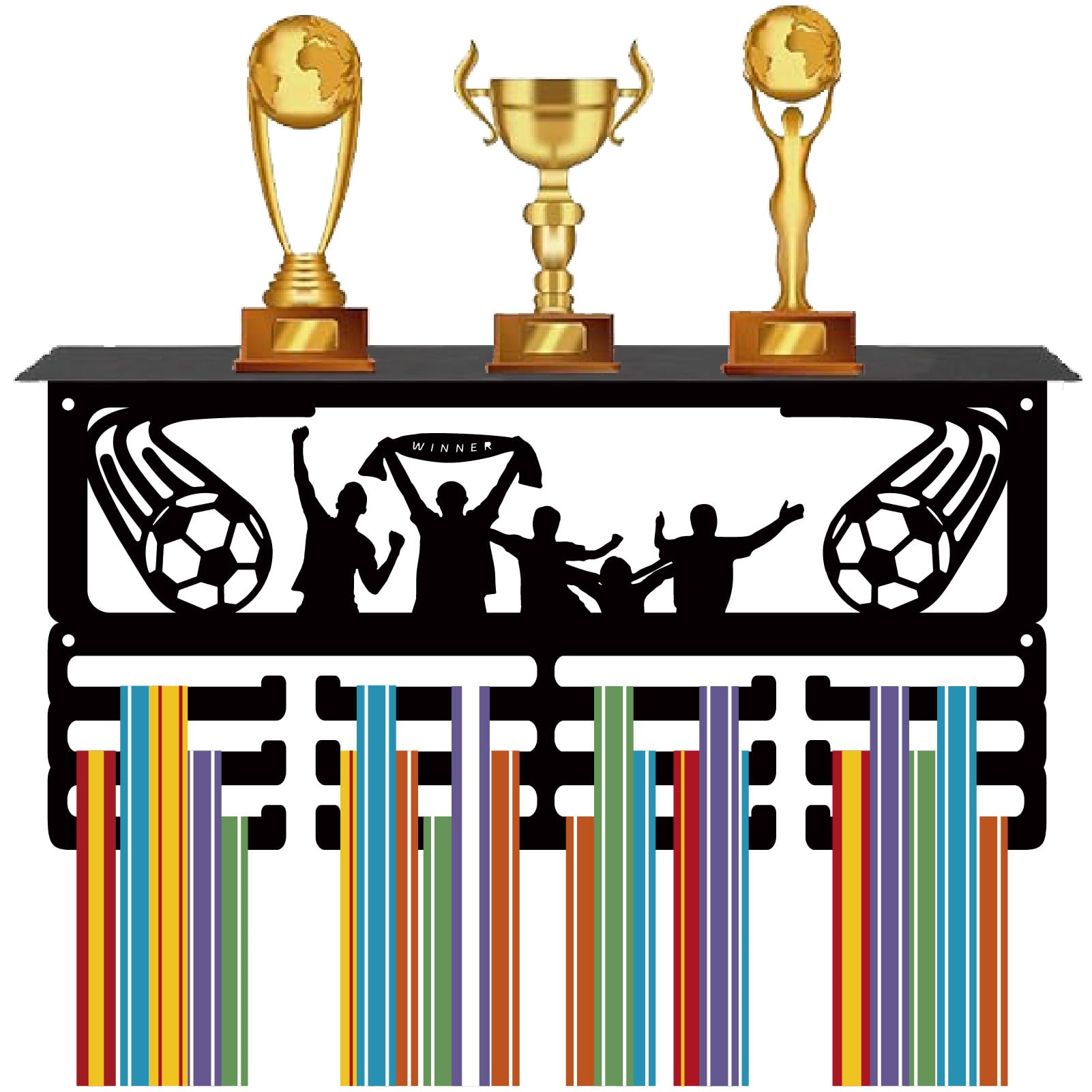 CREATCABIN Soccer Medal Hanger Display Trophy Shelf Football Medal Holder with Shelf Stand Sports 3 Rows Metal Hanging Wall Mount Hold 70+ Medals for Marathon Run Competition Medals Rack 15.7x7.9Inch