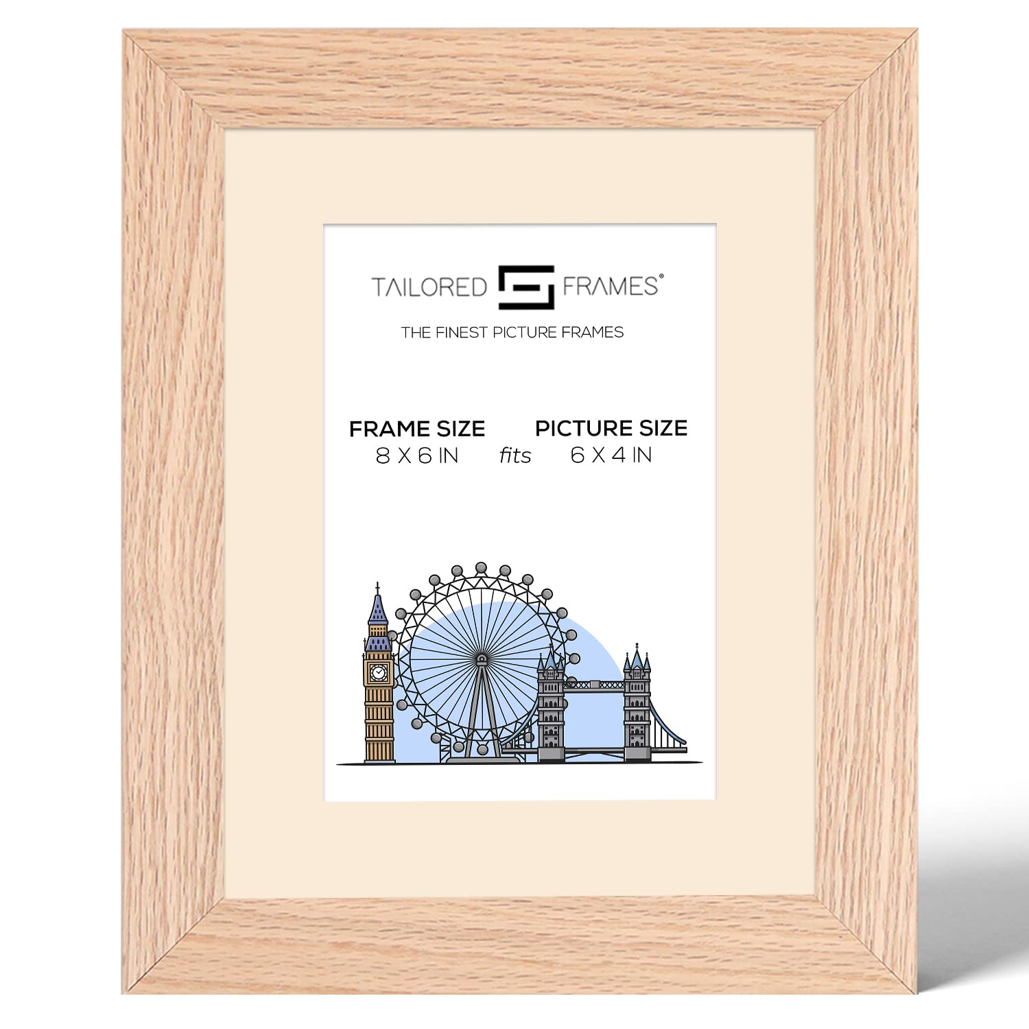 Tailored Frames 99 Solid Natural Oak 8" x 6" Frame for 6" x 4" Picture | Single Picture Frames | Table Top & Wall Hanging Type | Photo Frame with Antique Mount