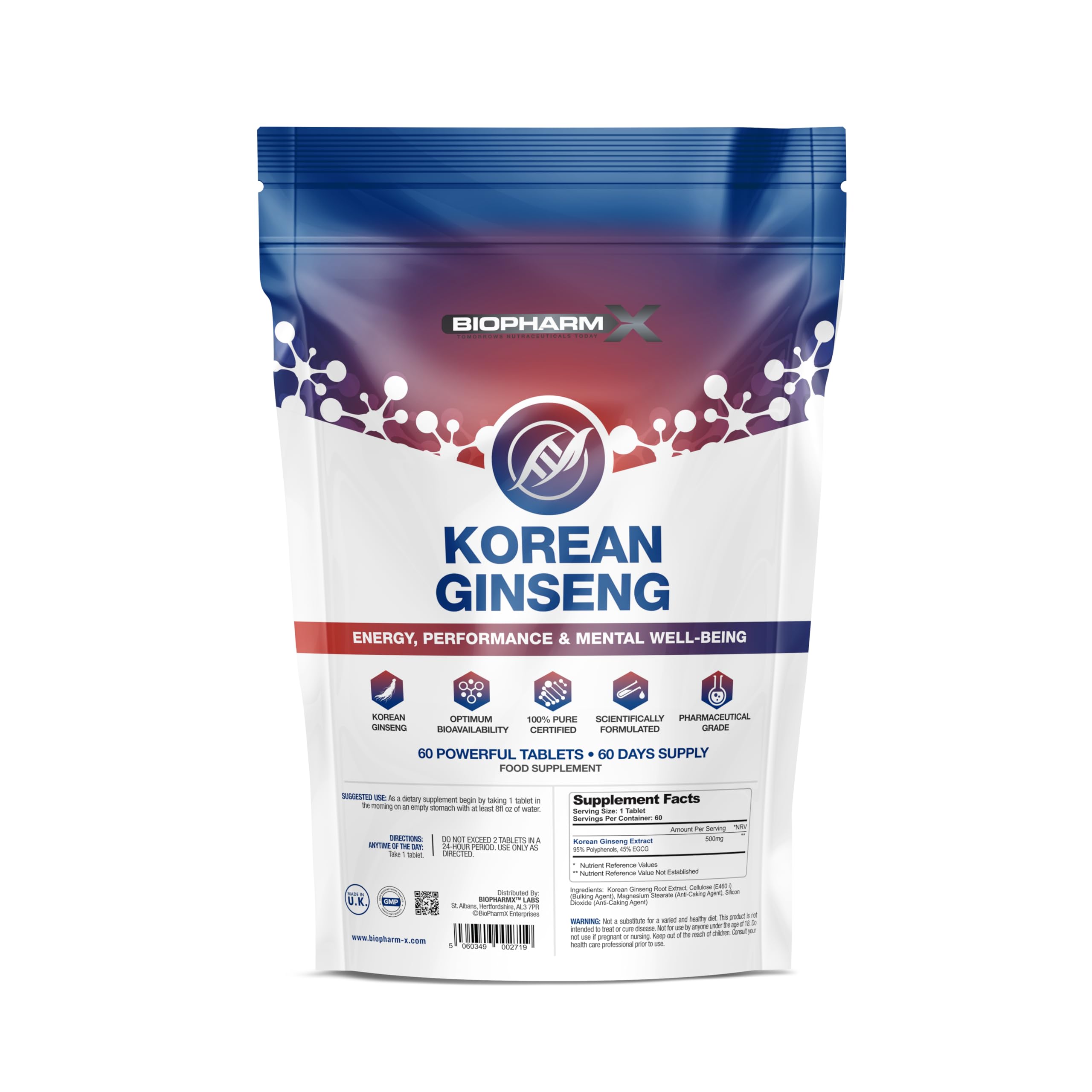 Korean Panax Ginseng 10,000mg (60 Tablets) Strongest Legal Ginseng Extract 100% Pure Certified