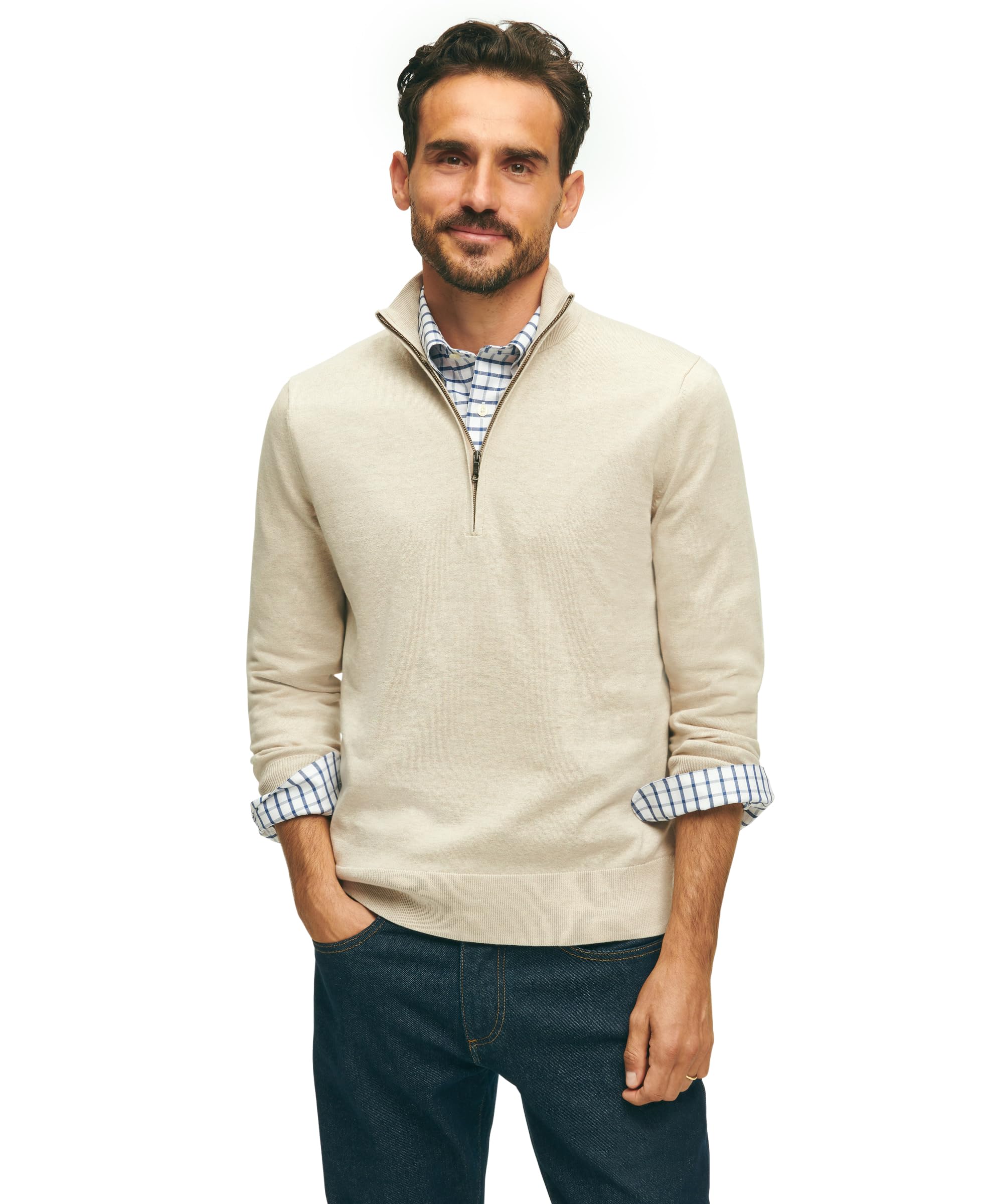 Brooks Brothers Men’s Regular Fit Supima Cotton Long Sleeve Half-Zip Sweater, Oat, Small