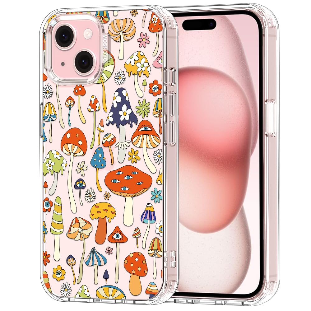MOSNOVO Case for iPhone 15 Plus / 14 Plus [Buffertech 6.6ft Military-Grade Drop Protection] [Anti Peel Off Tech] Clear TPU Bumper Phone Case - Mushroom Art — image 1