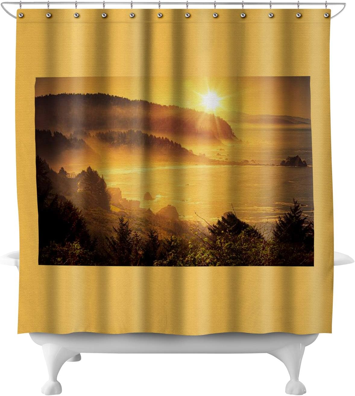 Lantern Press Golden California Coastal Sunset with Misty Fog 9016032 (71x74 Polyester Shower Curtain)