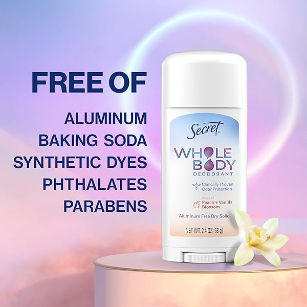 SECRET WHOLE BODY DEODORANT STICK FOR WOMEN, PEACH & VANILLA SCENT, ALUMINUM FREE DEODORANT STICK, 72 HR ODOR PROTECTION, 2.4 OZ