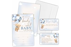 CUDWID We Can Bearly Wait Baby Shower Invitation Kit, Included Invites With Envelopes, Diaper Raffle Tickets(25 Pcs Each), Book Request Cards For Baby Announcement, Gender Reveal Party Favor And Supplies-A01