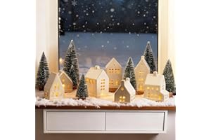 Mokof Christmas Village Set - 7 White Ceramic Houses with Remote LED Tea Lights and 8 Mini Trees, Farmhouse Christmas Decorat