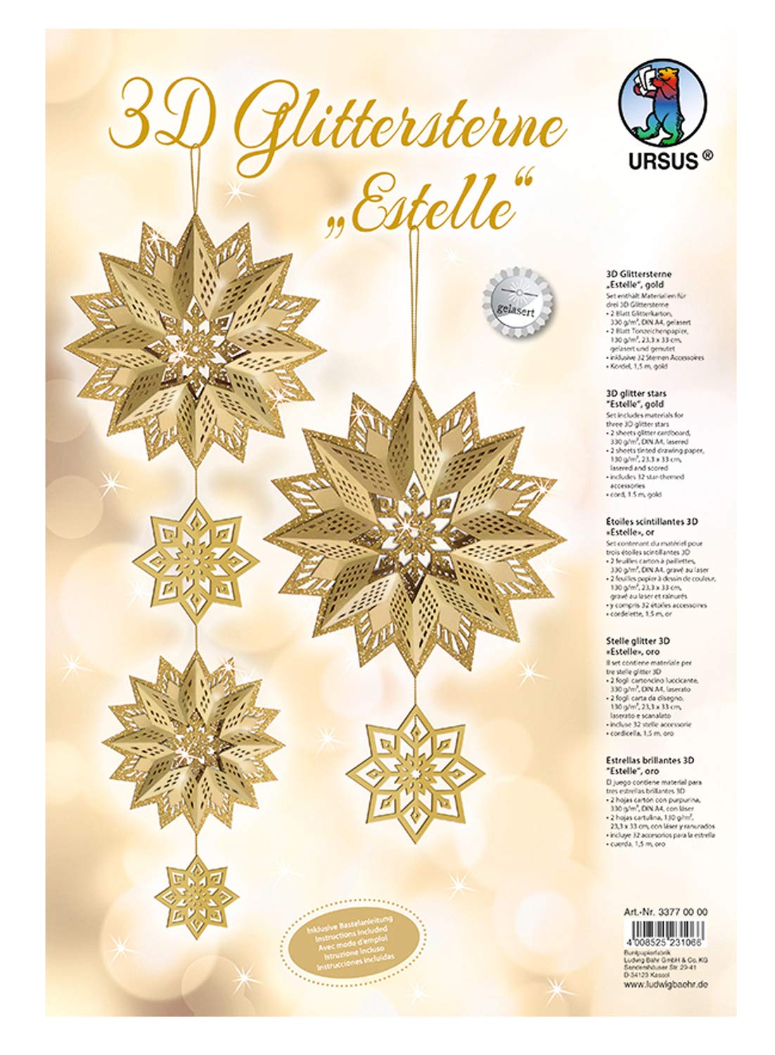 Ursus 33770000 - Glitter Star 3D Estelle, Gold, Material for 3 Stars, in Various Sizes, Includes Star Accessories and Craft Instructions, Ideal for Christmas Craft Period