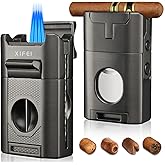 XIFEI 6-in-1 Cigar Lighter, Desktop Torch Lighter with Straight Cut V-Cut Cigar Cutter, Dual Cigar Punch, Cigar Draw Enhancer