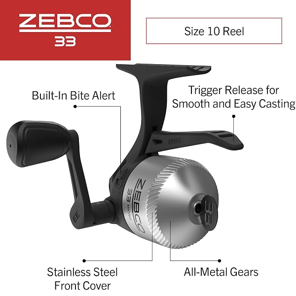 ZEBCO 33 MICRO TRIGGER SPINCAST FISHING REEL, SIZE 10 REEL, RIGHT OR LEFT-HAND RETRIEVE, PRE-SPOOLED WITH 4-POUND ZEBCO CAJUN LINE, SILVER/BLACK