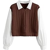 SweatyRocks Women's Collar Long Sleeve Shirt Ribbed Knit 2 in 1 Blouse Crop Top Sweater Shirt Top