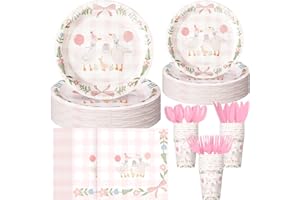 Havawish 175pcs One Silly Goose Birthday Party Tableware Set for 25 Guests - Pink Bow Decor - Includes Plates, Cups, Napkins, Forks, Spoons, Knives
