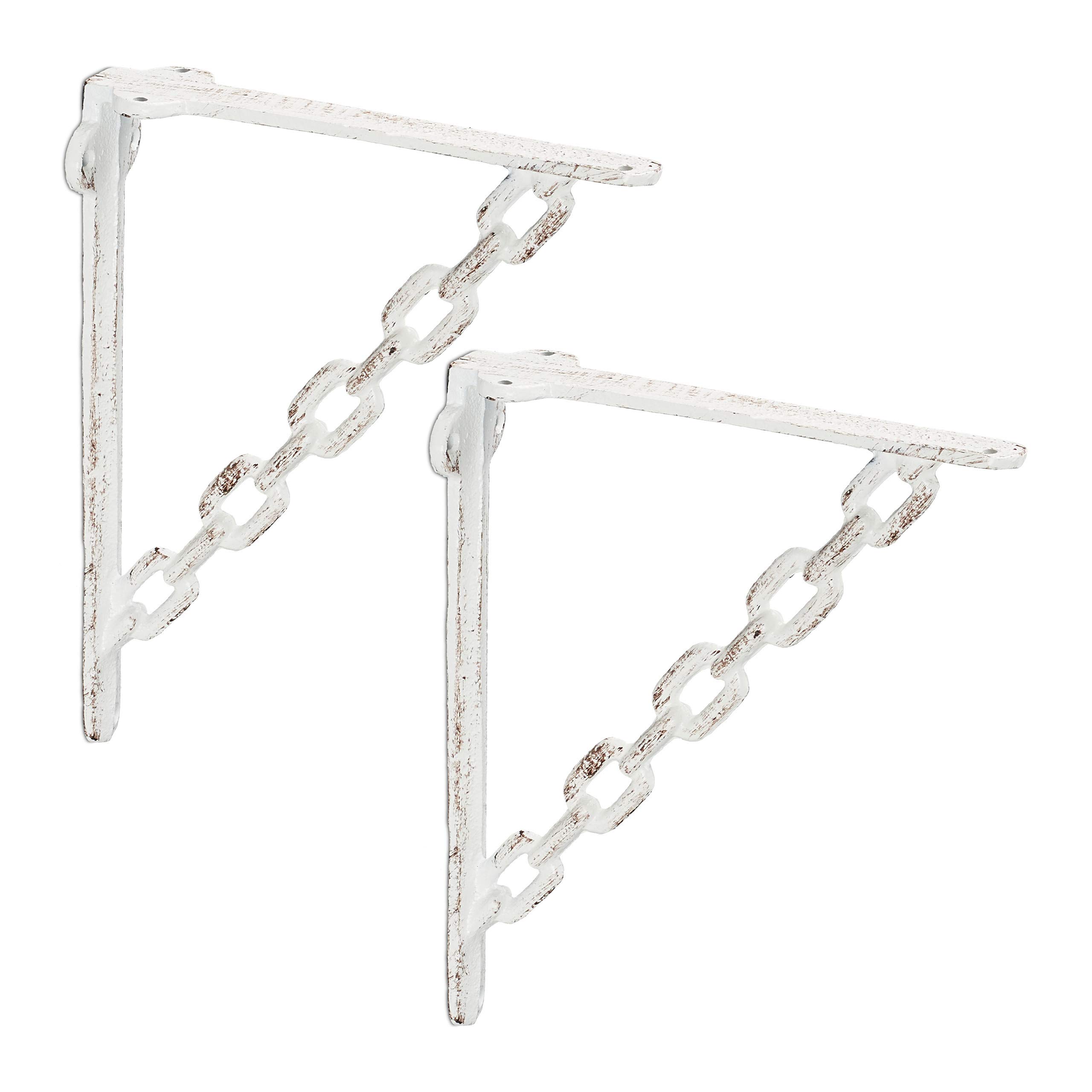 Relaxdays Shelf Brackets, Cast Iron, Set of 2, Rack Support, Chain Motif, 18 x 4 x 21.5 cm, Angle for Shelves, White