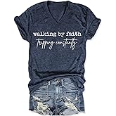 Christian Shirts for Women, Short Sleeve Faith Inspirational Tees Walking by Faith Tripping Religious T-Shirts