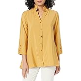MULTIPLES Women's 5 Placket Three Quarters Sleeve Wire Collar Y-Neck Button Front Shirt