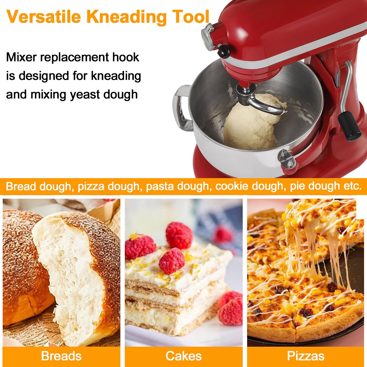 6 QT Dough Hook for KitchenAid Mixer, Stainless Steel Spiral Dough Hook Attachment for KitchenAid 5.5-6 Quart Bowl-Lift Stand Mixers, Fits Models KV25G0X, KP26M1X, Pro 600 Series