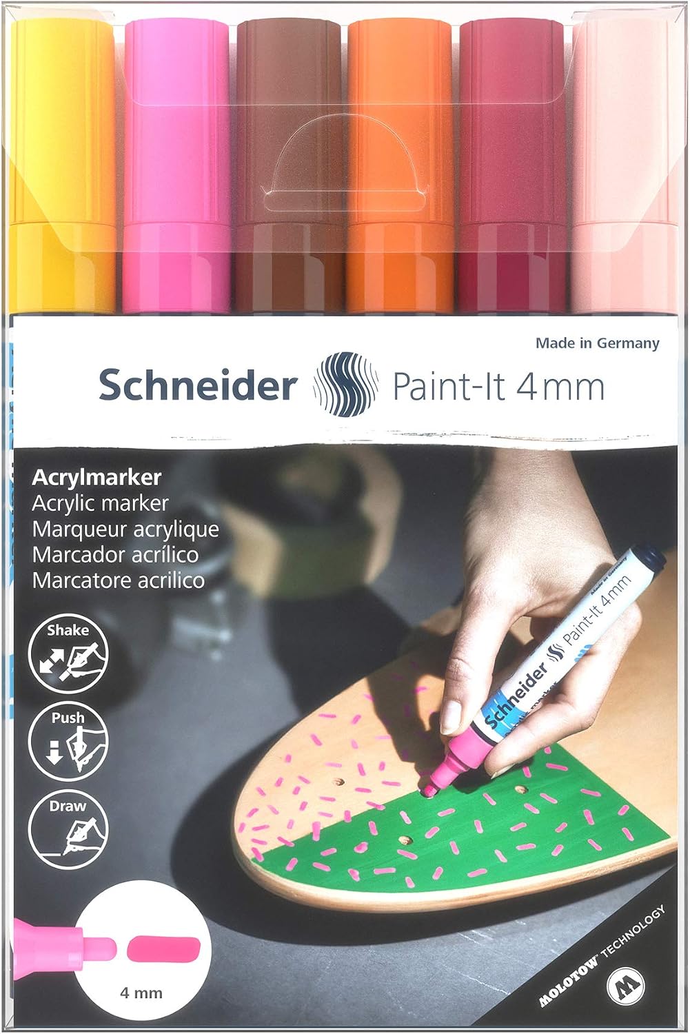 Schneider Paint-It 320 Acrylic Marker Set 3 (4 mm Round tip, high Coverage, Brilliant Colour, for Almost All Surfaces) 6 Pieces - Image 3