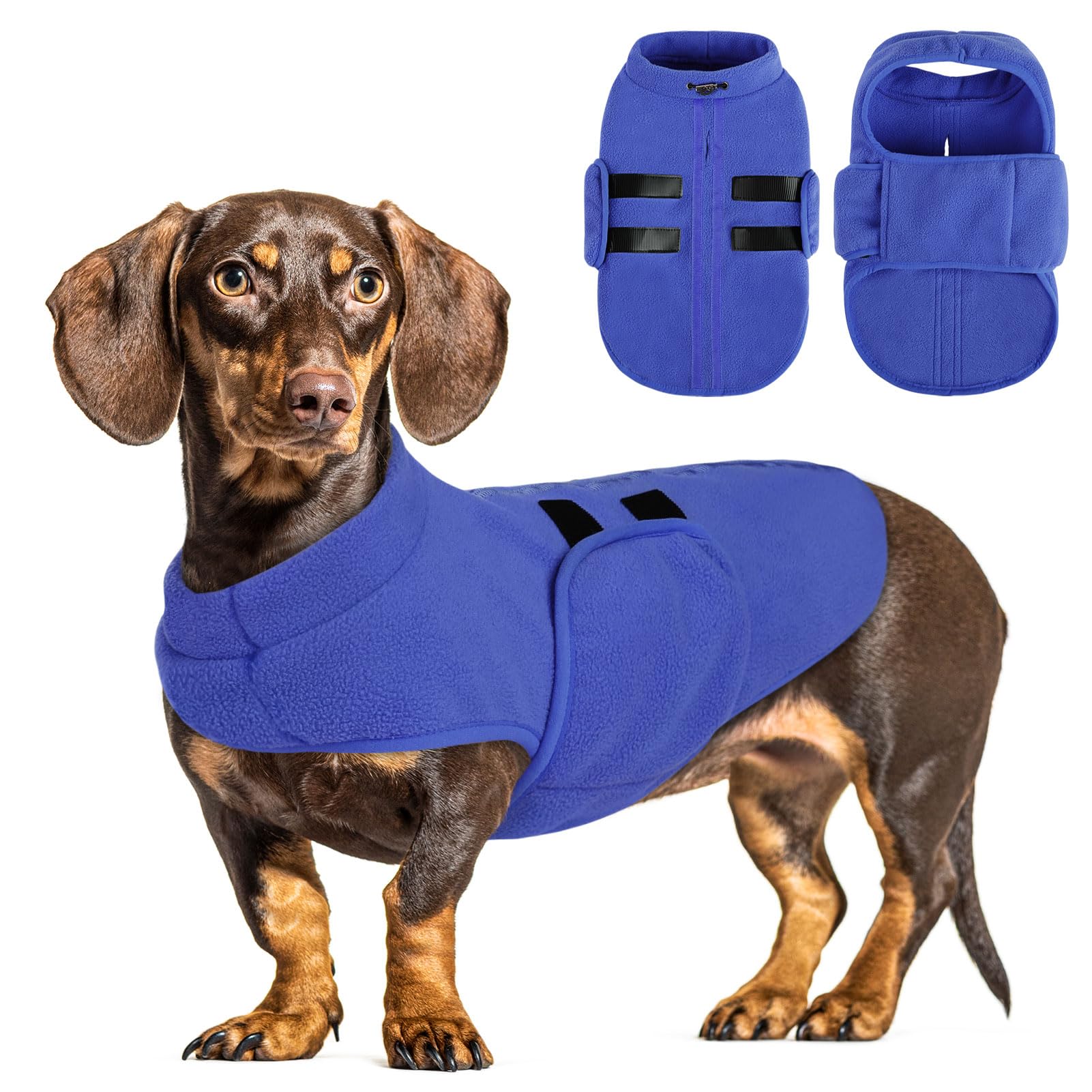 Photo 1 of Queenmore Small Dog Sweater, Soft Fleece Vest Pullover Dog Jacket with Leash Hole, Warm Winter Dog Coats Cold Weather Doggy Dachshund Sweaters for Small Dogs Cats Boy or Girl (Blue, L)