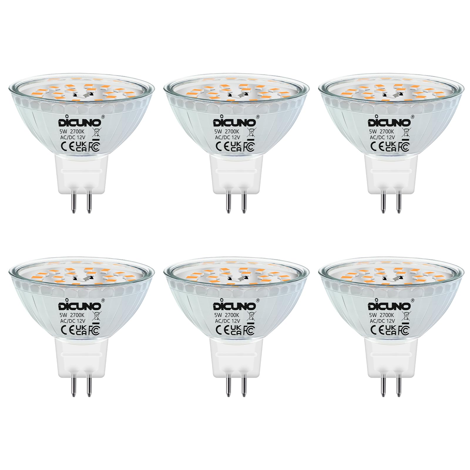 DiCUNO GU5.3 MR16 5W LED Bulb, GU 5.3 Non-Dimmable Spotlight, 50W Halogen Equivalent, 440LM, Warm White 2700K, AC/DC 12V, 120° Beam Angle, 6 Packs