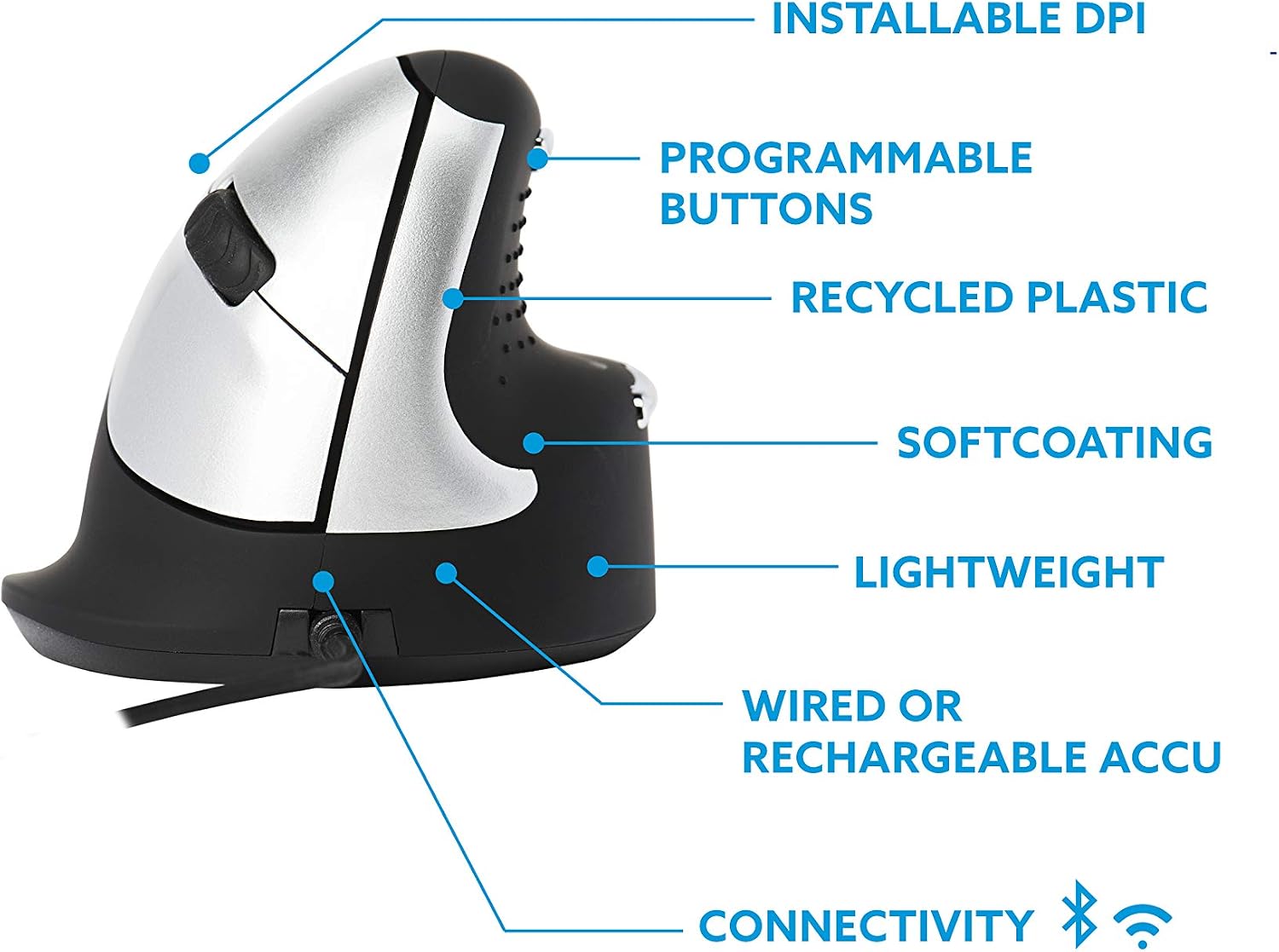 R-Go HE Mouse - Ergonomic Mouse - Large (Hand Size above 185mm) - Left Handed - Wired, Silver/Black - Image 3