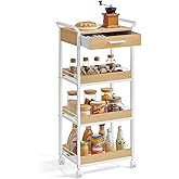 VASAGLE Storage Cart, 4-Tier Rolling Utility Cart with Table Top, Handles, 4 Lockable Casters, Top Drawer, Mesh Shelves, for Kitchen, Bathroom, Bedroom, Golden Oak and Cloud White ULRC049N01