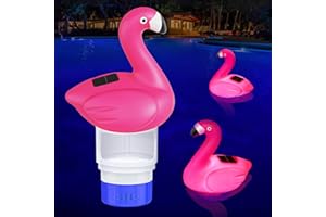 Covfirst Pool Chlorines Floater, 9 in Flamingo Chlorine Floater w/Light, Solar Chlorine Floater w/Adjustable Flow, Large Size Chlorine Tablet Floater, Floating Chlorines Dispenser for Pool Hot Tub