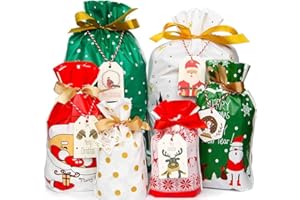 LERCTH Wrapping Gifts Christmas Drawstring Gift Bags with Tags of Assorted Sizes Bulk Small Medium Large Jumbo Holiday Bags with Colorful Drawstrings for Xmas Party Favors Christmas Presents