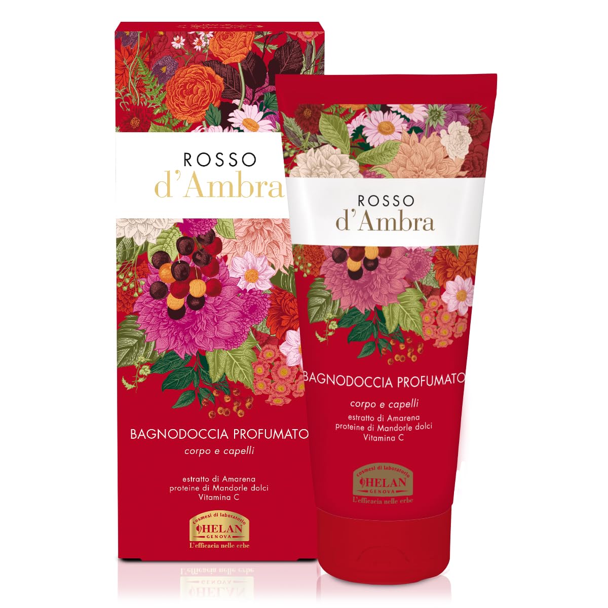 Helan, Amber Red - Natural Body and Hair Shampoo and Bubble Bath, Scented and Nourishing Shower Gel with Vitamin C and Sweet Almonds, Gentle Antioxidant Cleansing Gel, Bath Foam 200 ml