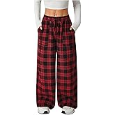 SweatyRocks Women's Plaid Print Wide Leg Loose Pants Casual Elastic Waist Long Trousers Streetwear Outfis