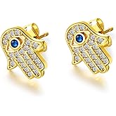 JAJAFOOK Hamsa Hand of Fatima Stud Earrings Zircon Evil Eye Post Earrings For Women, Silver/Gold Color