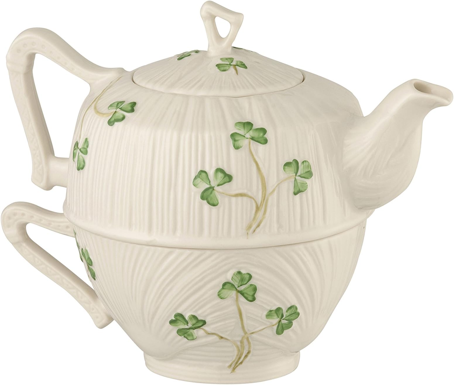 Belleek Pottery Harp Shamrock Tea for One, Green/White