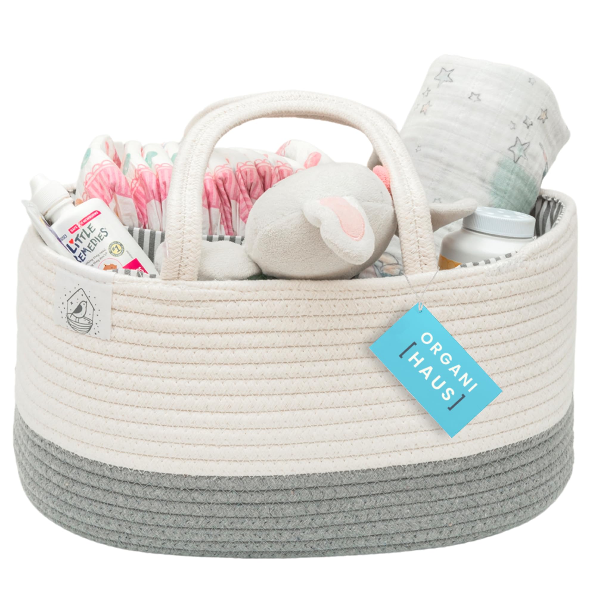 OrganiHaus Nappy Caddy Organiser, Premium Cotton Rope Diaper Caddy Basket, Newborn Essentials Storage Tote, Baby Changing Organiser, Baby Basket for Shower Gift - Gray/Off-White