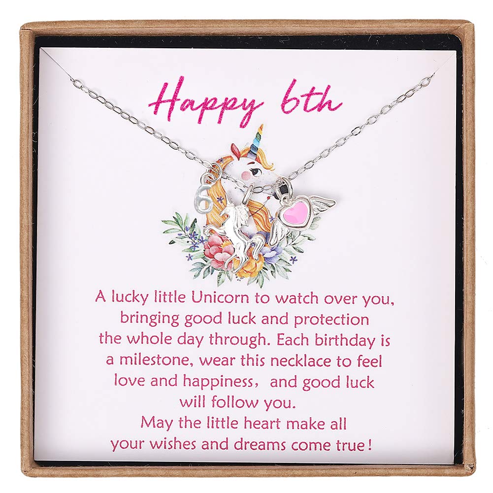 Giuesytic 6 Year Old Girl Birthday Gift Sterling Silver Pink Heart with Wings and Unicorn Charm Necklace Happy Birthday Gift for 6 Year Old Girl Idea with Card and Gift Box