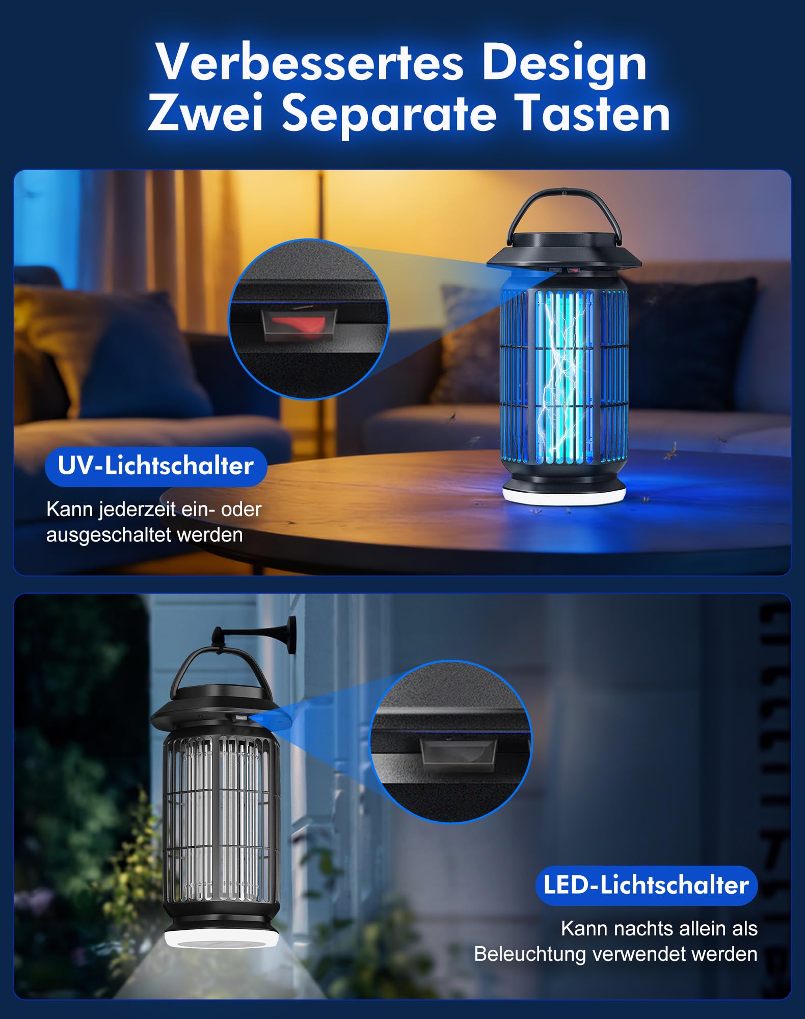 ROVLAK Insektenvernichter Elektrisch mit LED Licht, 4000V Mückenlampe Innen & Außen, 365nm UV Mückenfalle, IPX4 Wasserdicht, 100㎡ Abdeckung Fliegenfalle Lampe für Schlafzimmer, Balkon & Camping 6