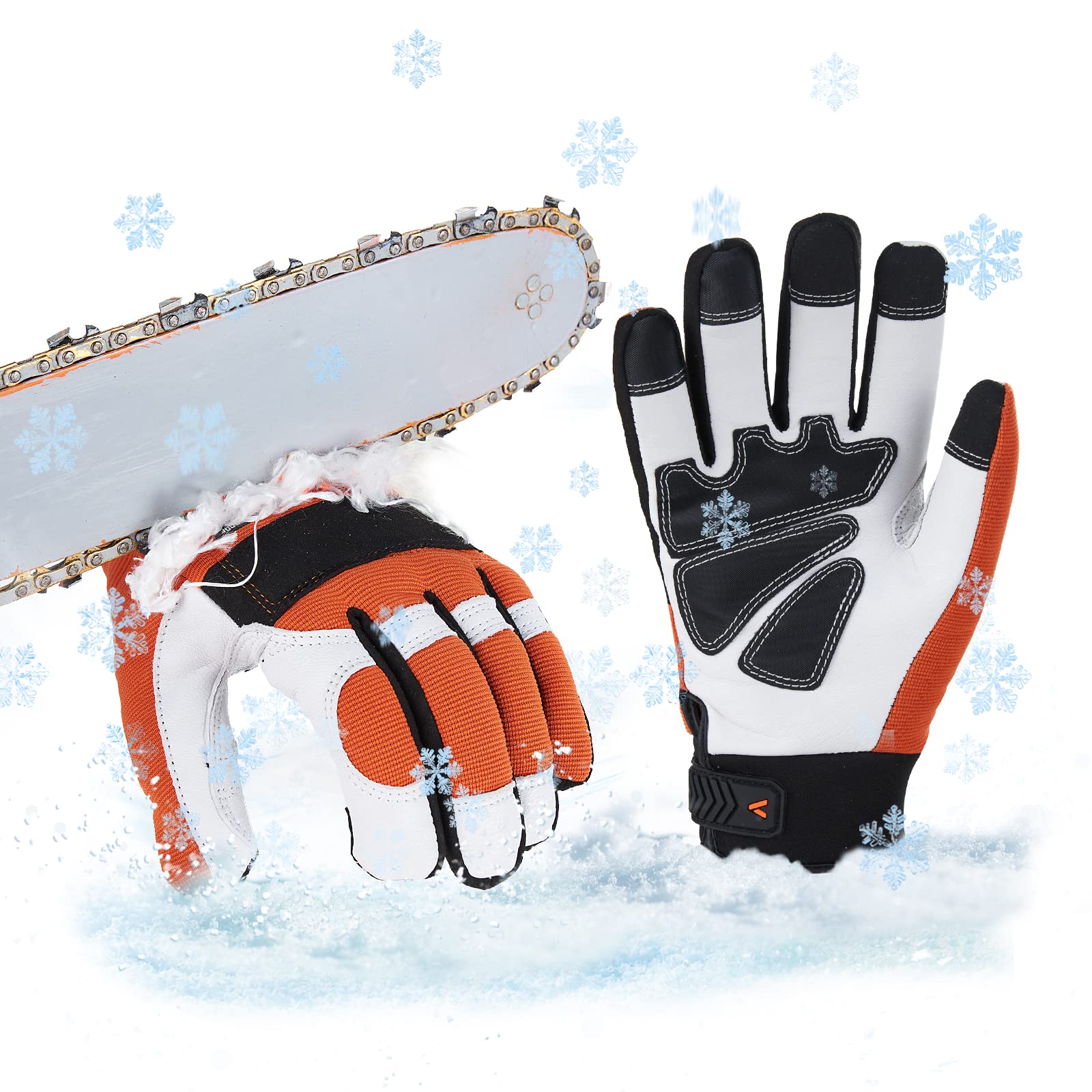 Vgo... Thermal Chainsaw Gloves Waterproof, 12-Layer Protection on Left Hand, Winter Safety Forestry Work Gloves with Touchscreen Goat Leather in Cold Weather(XL,1Pair)