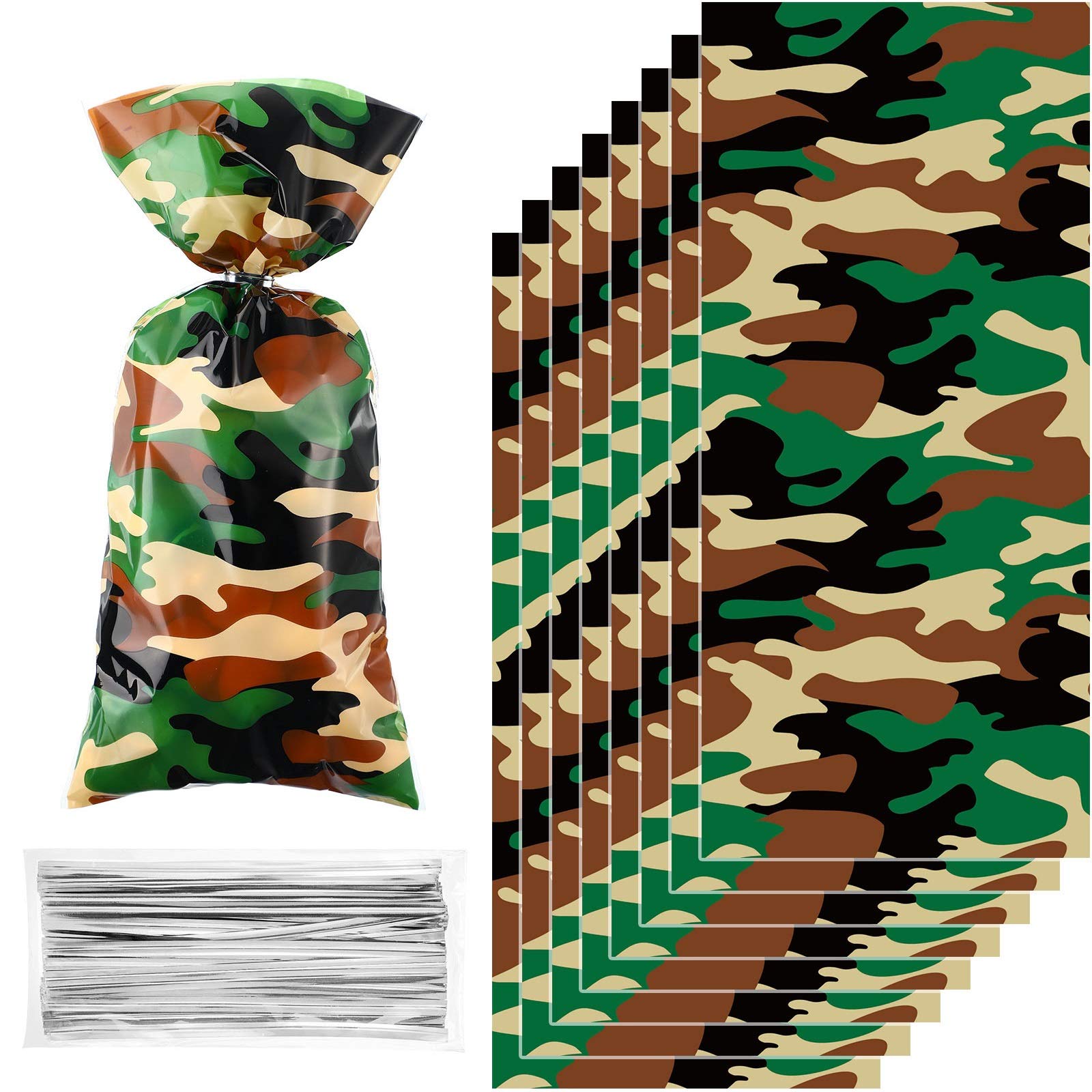 Photo 1 of 100 Pieces Camo Cellophane Treat Bags, Khaki Camouflage Party Plastic Candy Bag Goodie Present Favor Bag with 100 Silver Twist Ties for Camping Veteran Party Army Theme Birthday Supplies