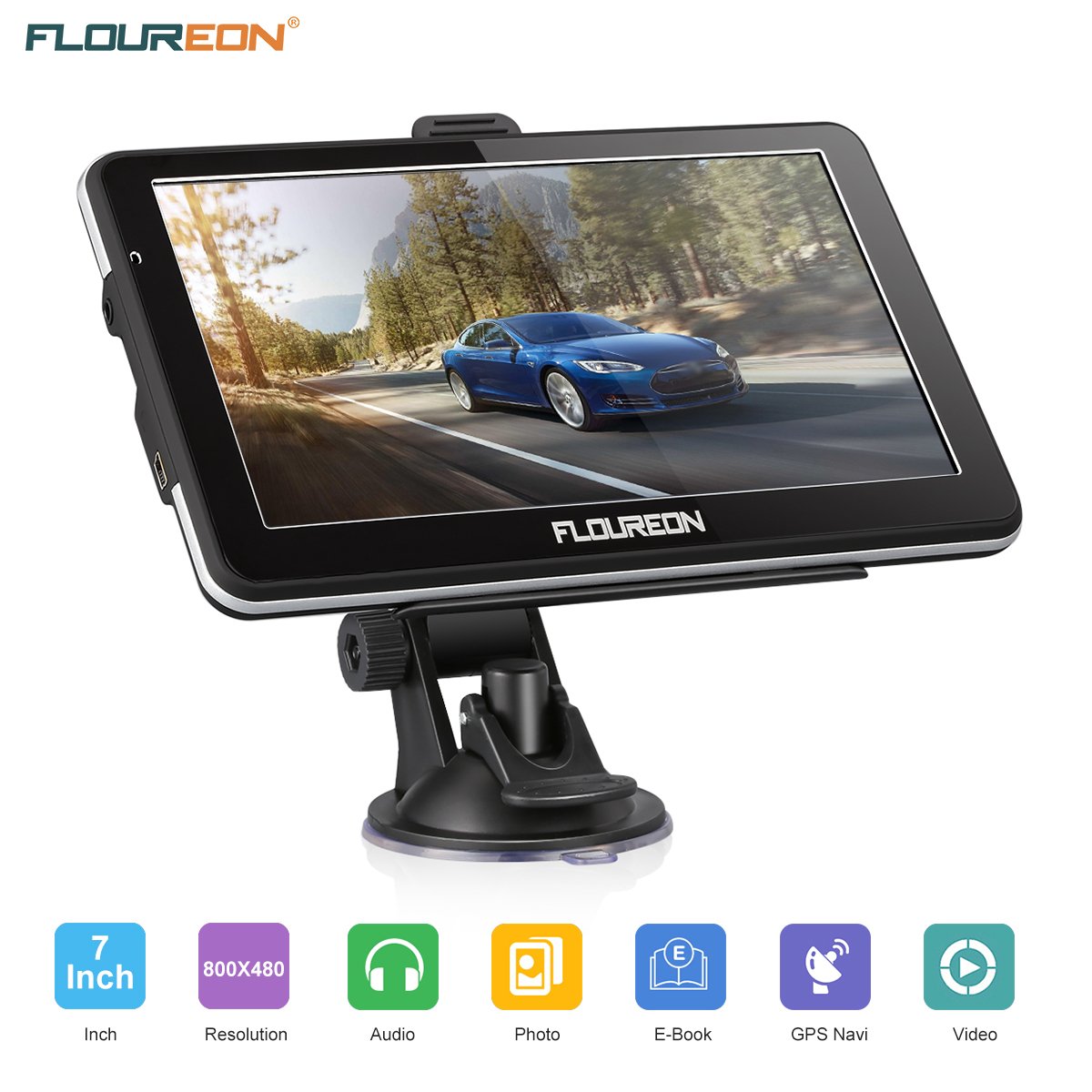 GPS de Coches, FLOUREON Navigation de 7 Pulgadas Pantalla LCD capacitiva Sat Nav Navigator para camión y automóvil con actualizaciones de mapas de por Vida (Negro)