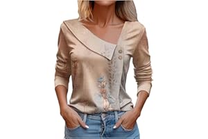 Attine Spring Going Out Tops for Women 2024 Cute Print T Shirts Long Sleeve V Neck Blouse Asymmetric Lapel Button Tees Shirts