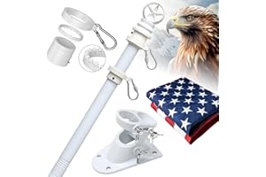 HANGMAICOME American Flag with Pole Kit - 5ft Heavy Duty Stainless Steel Flagpole for Outside House,3x5 Embroidered US Flags,Tangle-Free Outdoor, Metal Holder Mount Bracket for Residential Porch,Wall - White