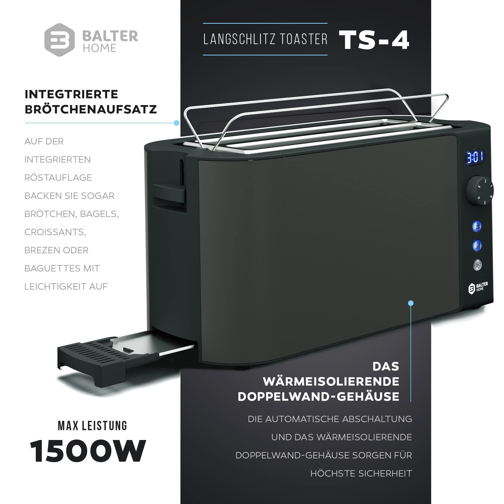 Balter Toaster 4 Scheiben, Langschlitz, Edelstahl, Brötchenaufsatz, LCD Display mit Restzeitanzeige, Auftaufunktion, Brotzentrierung, Krümelschublade, TS-04-LCD, Farbe: Schwarz 2